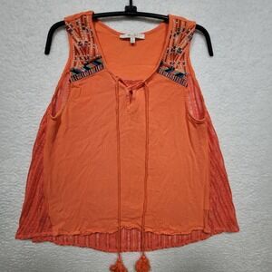 Miss Me Womens M Boho Embroidered Beaded Tank Top Burnt Orange Tassel